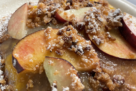 Lemon Ricotta Pancakes with Spiced Rum Peach and Pecan Streusel